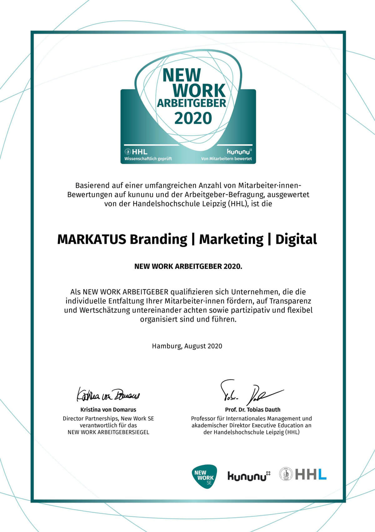 New Work Urkunde Markatus Branding Digital